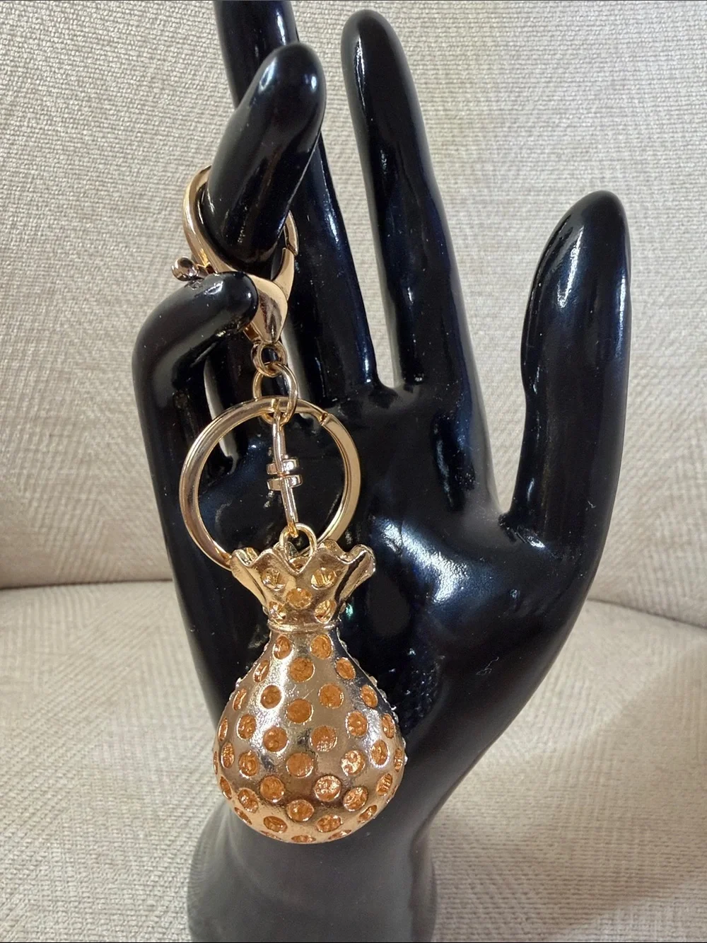 Gold Rhinestone Money Bag Keychain - Sparkling Crystal Accent